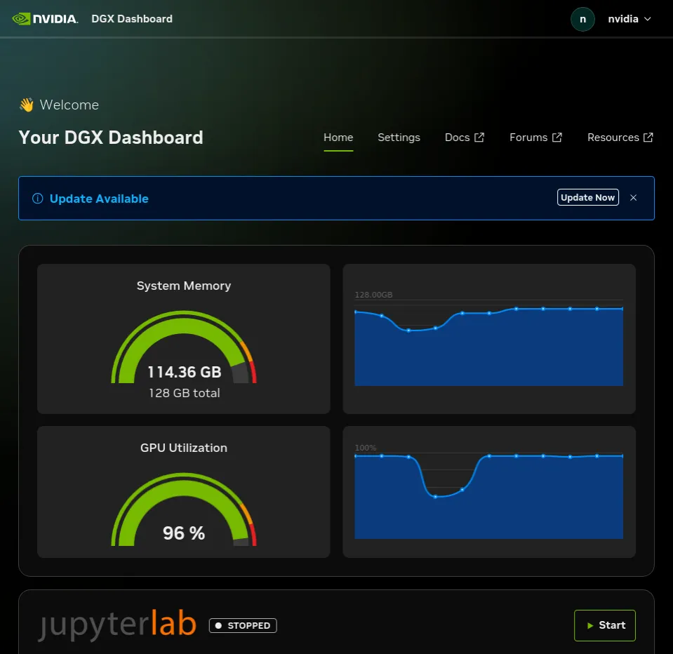 NVIDIA DGX Dashboard during the agent run, showing 114.36 GB of 128 GB system memory used and 96% GPU utilization, with stable sparklines confirming sustained load.