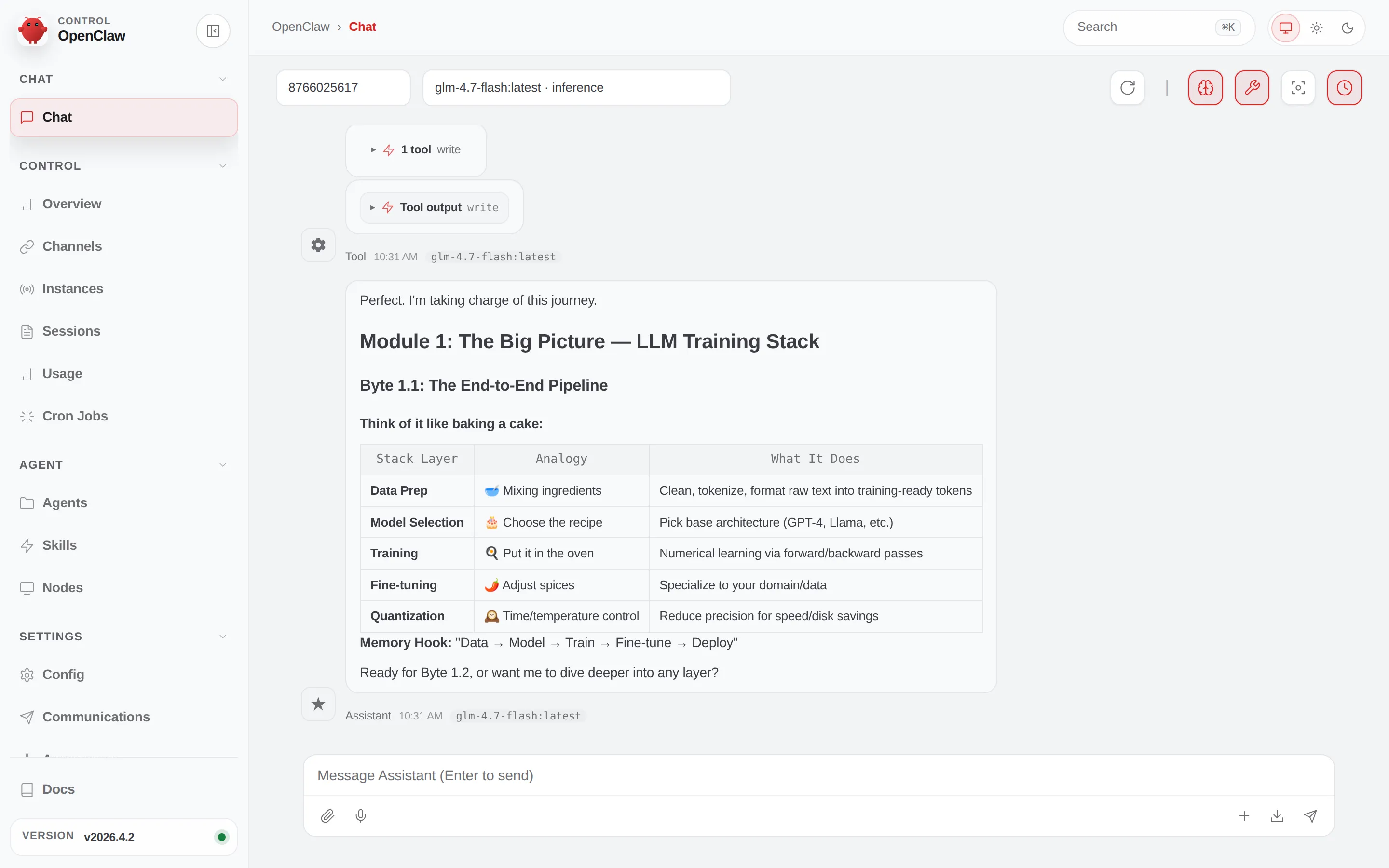 NemoClaw dashboard (v2026.4.2) with an active glm-4.7-flash session — the left sidebar exposes every control surface the sandbox owns (Chat, Channels, Instances, Sessions, Usage, Cron Jobs, Agents, Skills, Nodes, Config, Communications, Docs) while the main pane shows a live agent response flowing through the gateway