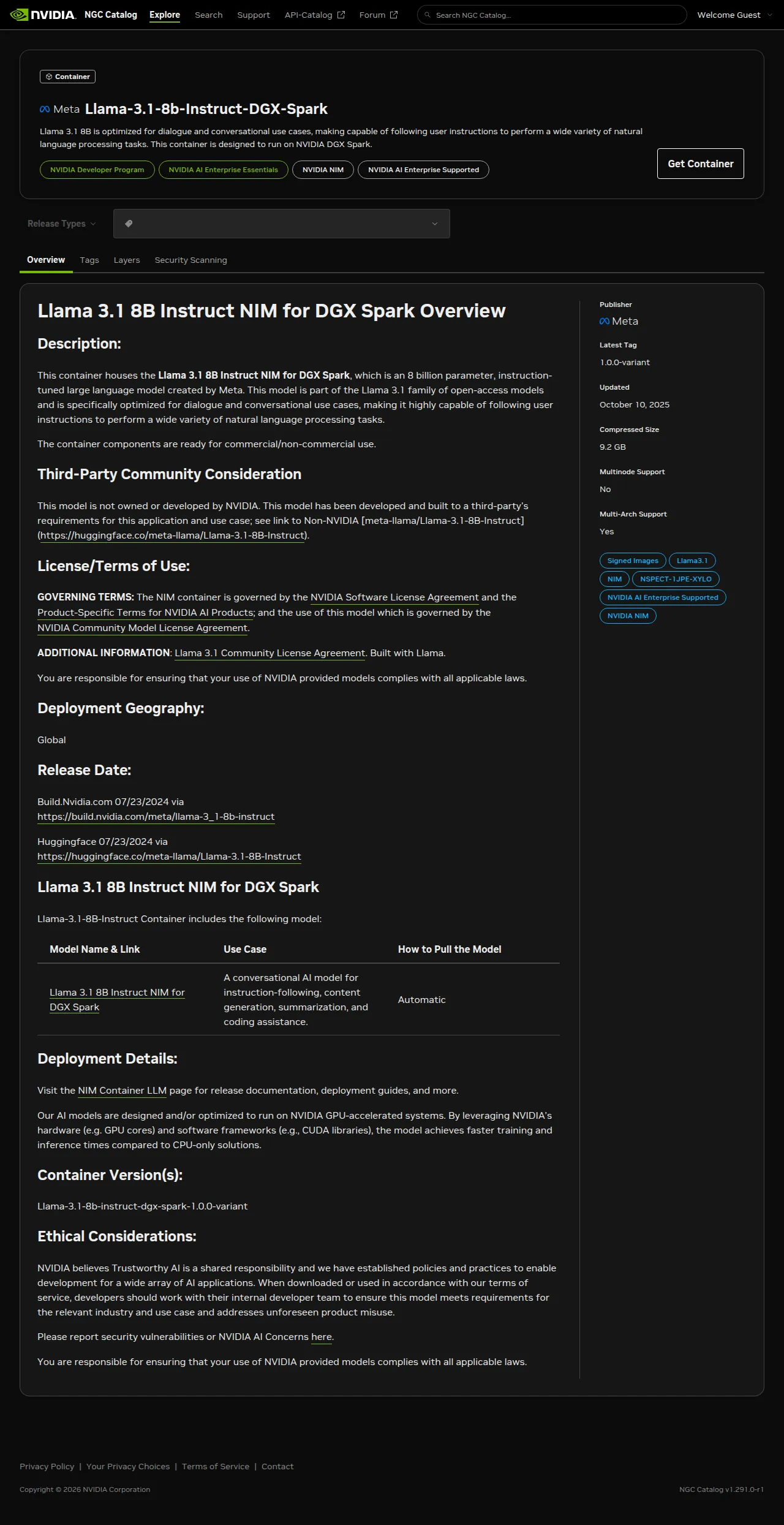 The NGC catalog page for the DGX-Spark-specific Llama 3.1 8B NIM container, showing the compressed size (9.2 GB), latest tag 1.0.0-variant, an October 2025 update date, and badges for "Signed Images" and "NVIDIA AI Enterprise Supported."