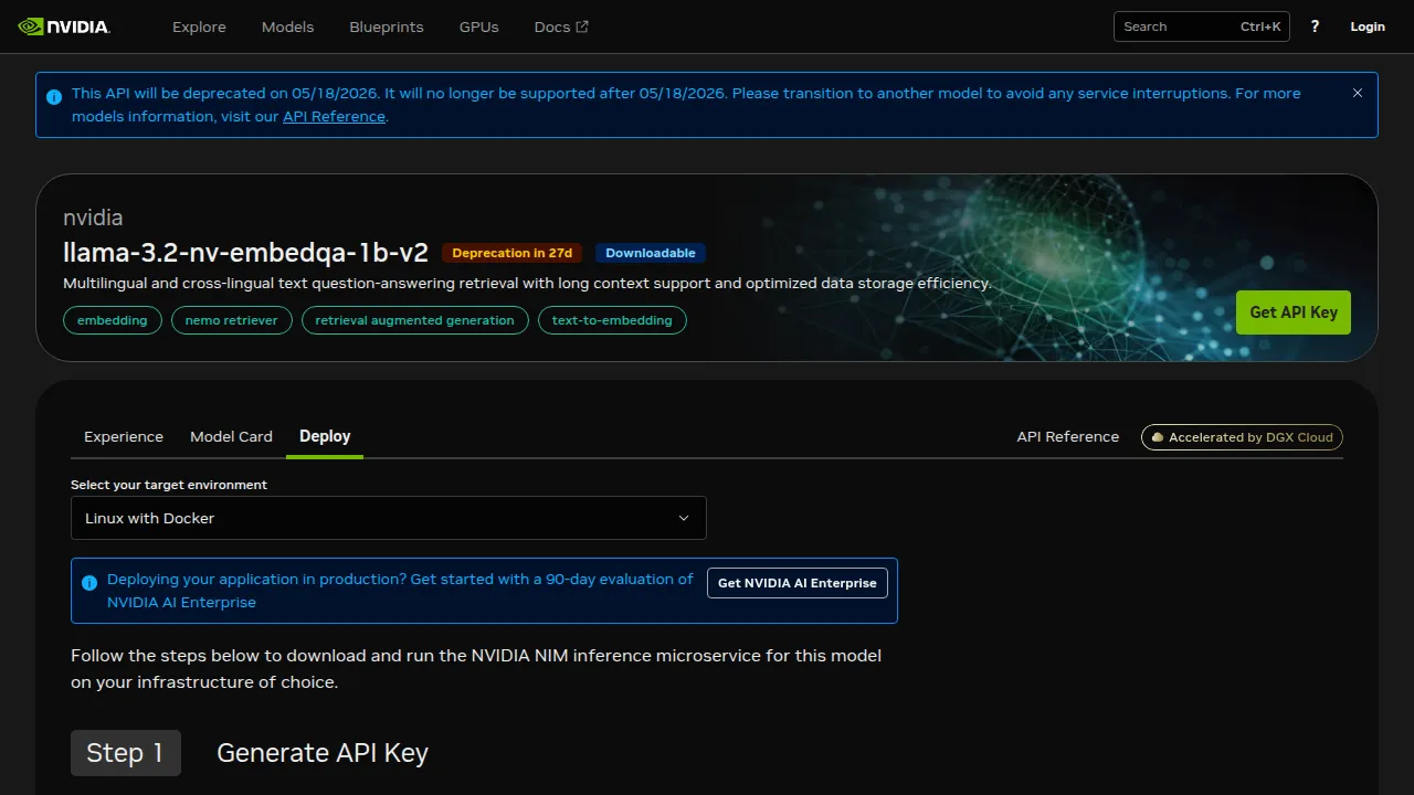 The llama-3.2-nv-embedqa-1b-v2 deploy page on build.nvidia.com, showing a blue banner: "This API will be deprecated on 05/18/2026. It will no longer be supported after 05/18/2026." The model header shows an orange "Deprecation in 27d" badge, a "Downloadable" badge, and the familiar nemo-retriever / retrieval-augmented-generation / text-to-embedding tags.