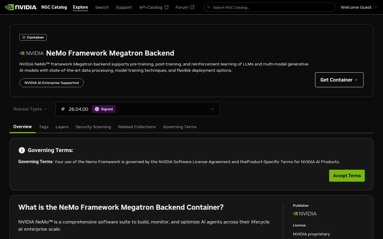 The NeMo Framework Megatron Backend container page on NGC, showing version 26.04.00 with the "Get Container" button and the "Accept Terms" governing-terms section. Signing in before clicking accept is the step that's easy to miss.