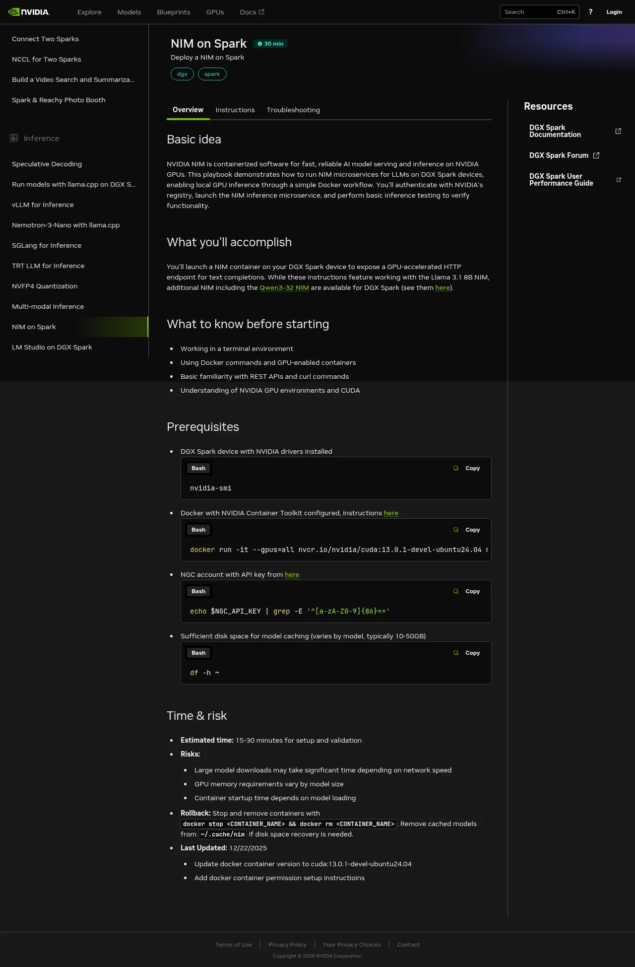 The build.nvidia.com/spark/nim-llm playbook landing page — an Overview tab with prereqs, Instructions and Troubleshooting tabs, and a 30-minute estimate. The left sidebar lists ten Spark-specific inference playbooks.