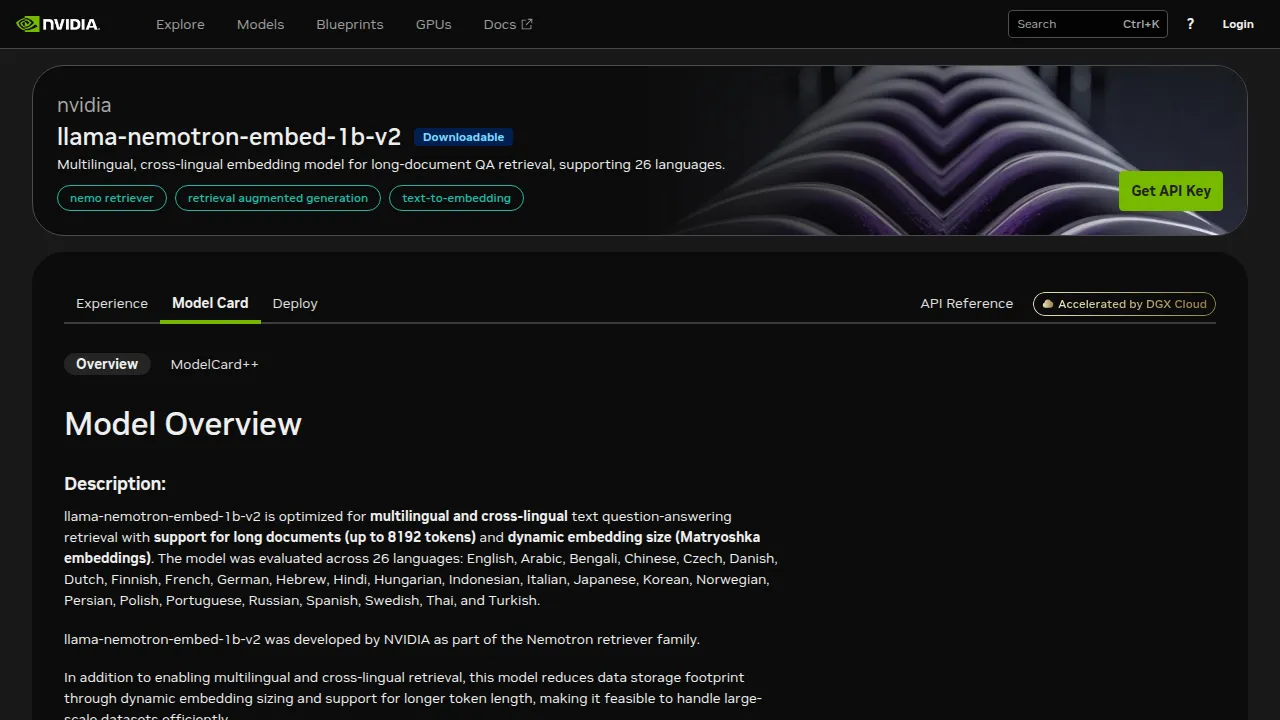 The Model Card overview tab for llama-nemotron-embed-1b-v2 — description names 'multilingual and cross-lingual retrieval,' 'support for long documents (up to 8192 tokens),' 'dynamic embedding size (Matryoshka embeddings),' and '26 languages.' Three tags: nemo retriever, retrieval augmented generation, text-to-embedding.