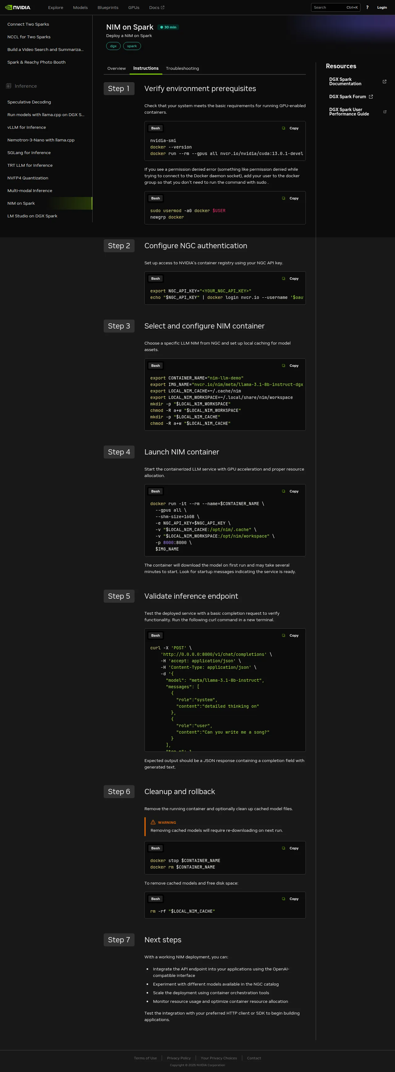 The Instructions tab, a seven-step sequence: verify prereqs, configure NGC auth, select the NIM image, launch the container with docker run, validate with curl, cleanup, next steps.