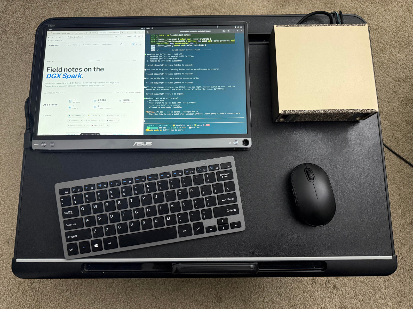 The DGX Spark rig on the author's desk — the subject of these field notes.